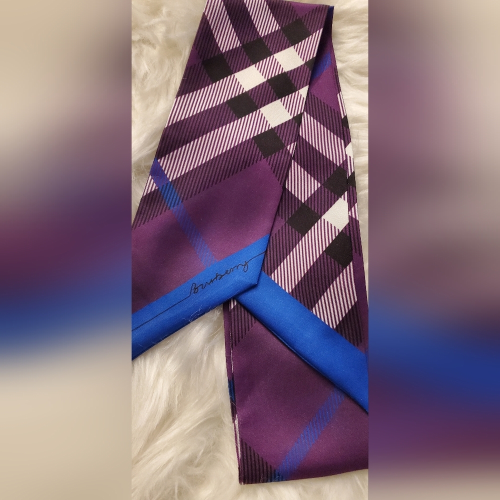 Fashion Silk Purple and Blue Checkered Twilly, Scarf, Hairtie